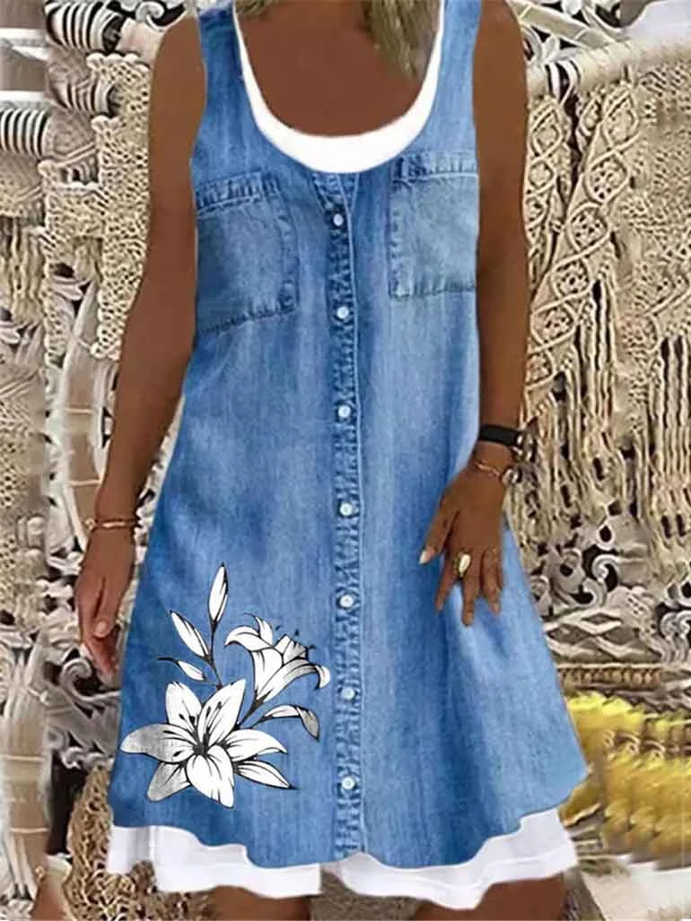 Women's Loose Floral Printed Graphic Stitching Round Collar Sleeveless Midi Dress