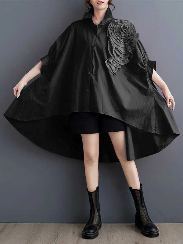 Batwing Sleeves Half Sleeves Asymmetric Buttoned Pleated Solid Color Three-Dimensional Flower Lapel Blouses&Shirts Tops