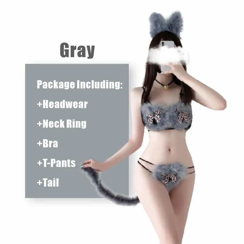 Billionm Plush Three Point Bandage Cute Cat Bra Set Sexy Erotic Lingerie Passion Temptation Cat Bodysuits Teddy Lingerie Cosplay Uniform