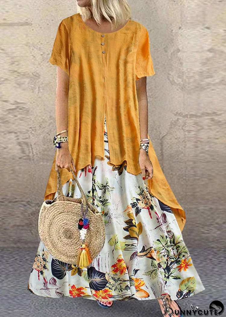 Vintage Short Sleeve O-neck Print Patchwork Pocket Long Maxi Dress For Women