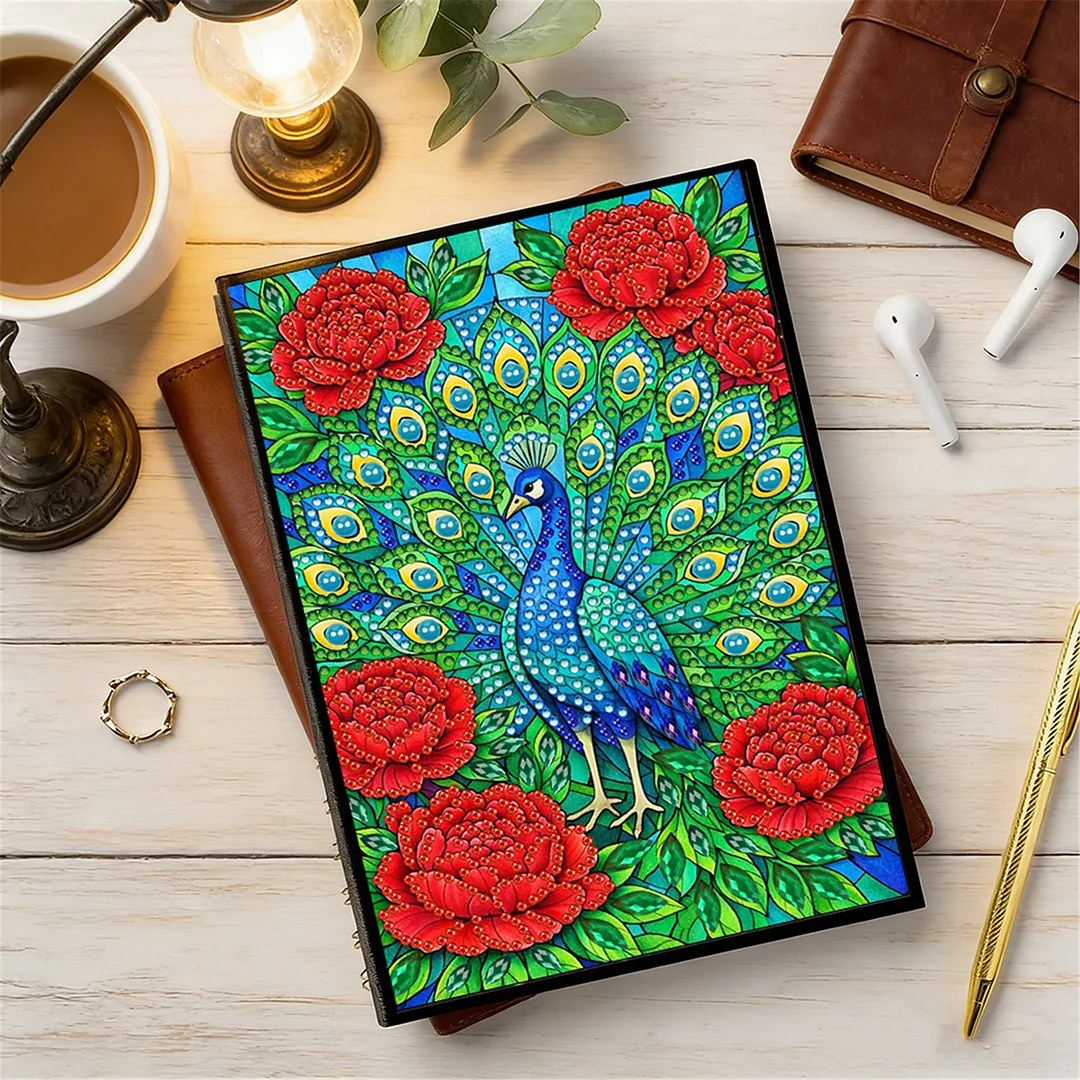 DIY Flower Diamond Painting Journals Notebooks 50 Pages A5 No Lines Special Shaped Diamond Art Kits for Beginners Craft Lovers and Artists (Peacocks)