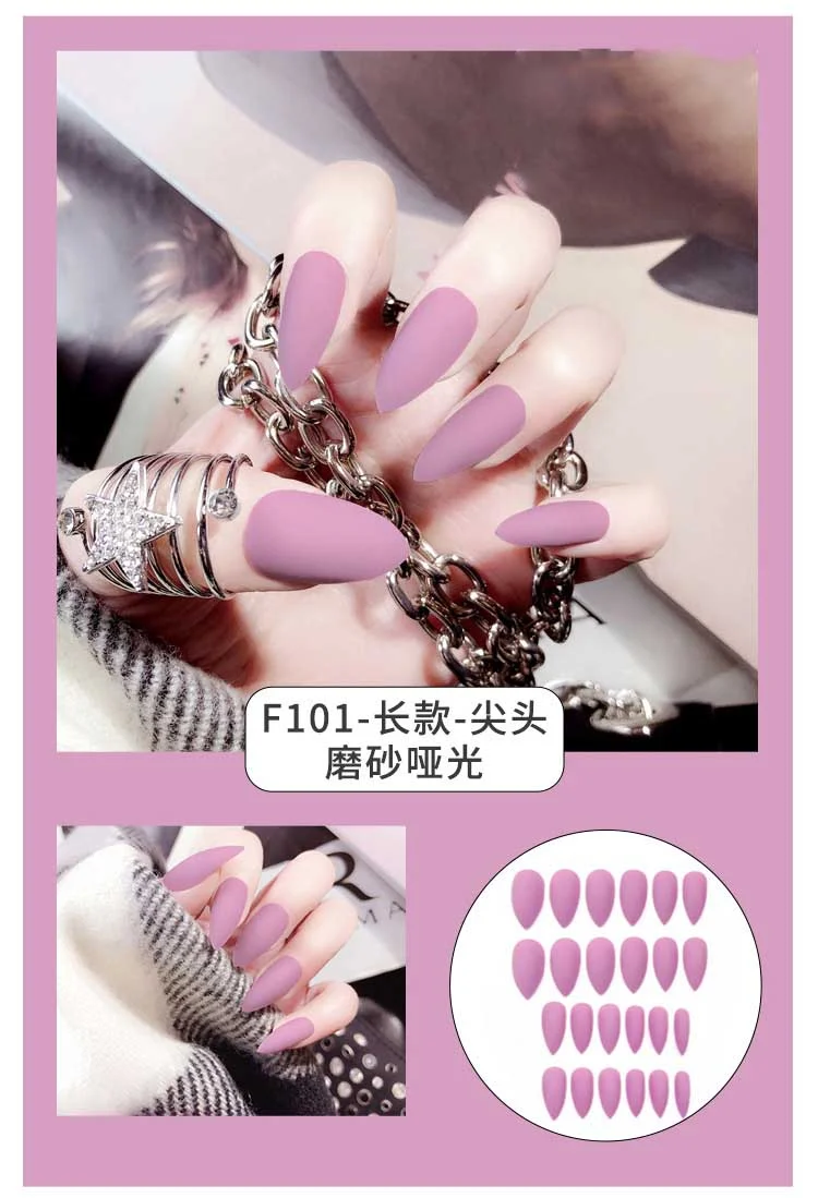 24Pcs Charming Fake False Nails Tips Wine Red Pointed Head Full Cover Nail Tips Long Style Nude Artificial Flase Nails with Glue-Nail Inspo