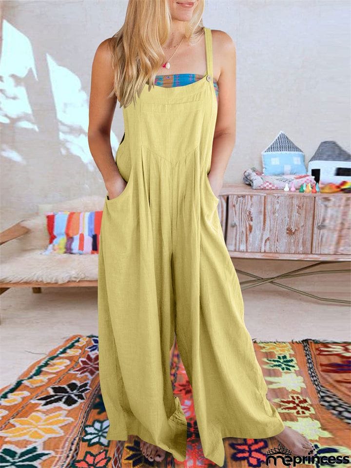 Summer Female Plus Size Solid Color Suspender Jumpsuits with Pockets