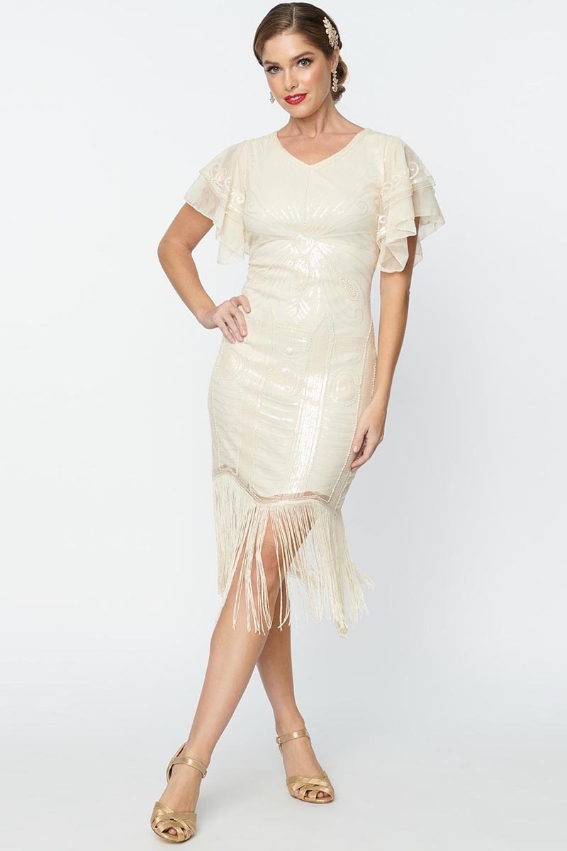 1920s White Cocktail Party Sequin Fringe V-neck Butterfly Sleeve Bodycon Mini Dress [Pre-Order]