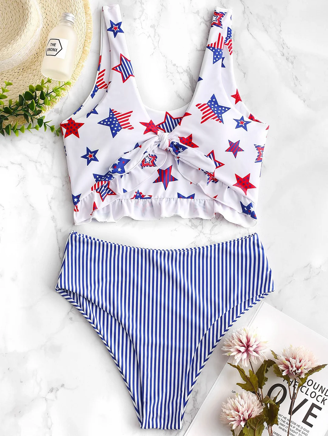 High Waisted Women Bikini American Flag Tied Plunging Beach Swimwear Ruffle Swimsuit