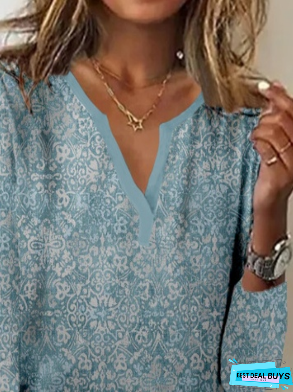 Ethnic Long Sleeve Notched Casual T-Shirt