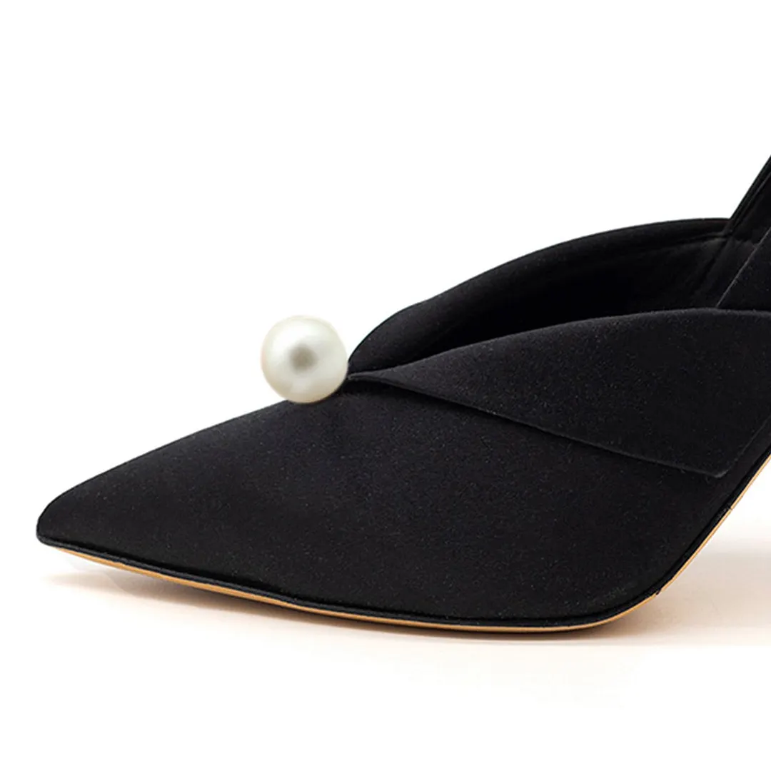 Black Satin Pointed Toe Folded Over Pearl Stiletto Heel Pumps Shoes