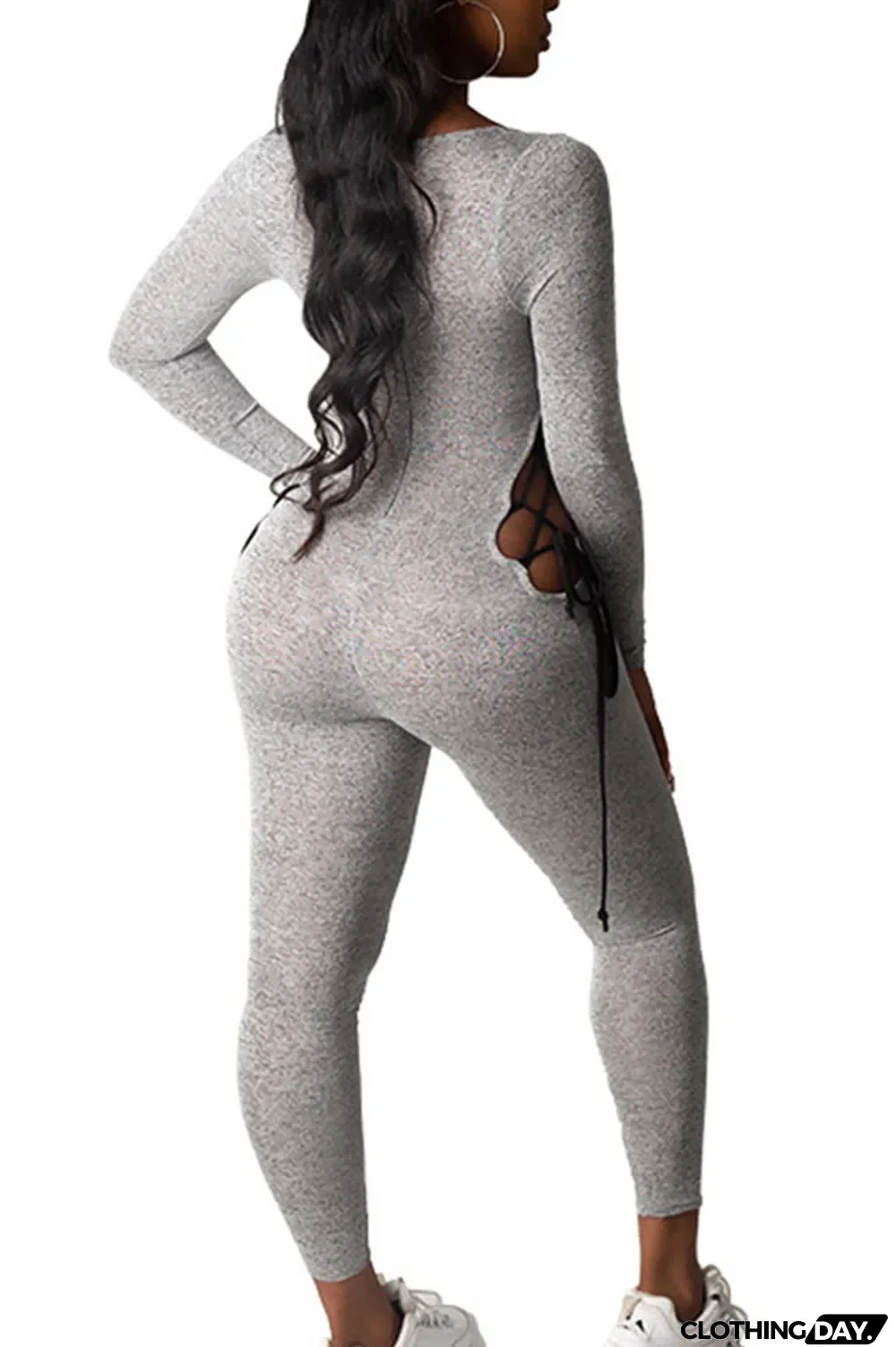 Grey Sexy Polyester Milk Fiber Solid Hollowed Out Frenulum U Neck Skinny Jumpsuits