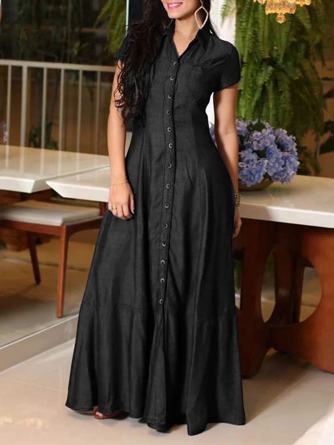 Women‘s Plus Size Denim Dress with V-Neck & Short Sleeves - A-Line Mini Skirt, Button-Front Closure, Belted Waist Tie - Casual to Semi-Formal Outfits - Spring/Fall Everyday & Formal Events - Durable Denim Fabric - No Padding, Regular Fit - Versatile