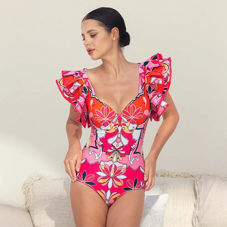 Ruffle Sleeves Red and Pink Pattern One Piece Swimsuit and Skirt