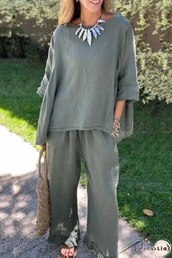 Casual Solid Color Loose Top & Pants Cotton Linen Two-piece Set