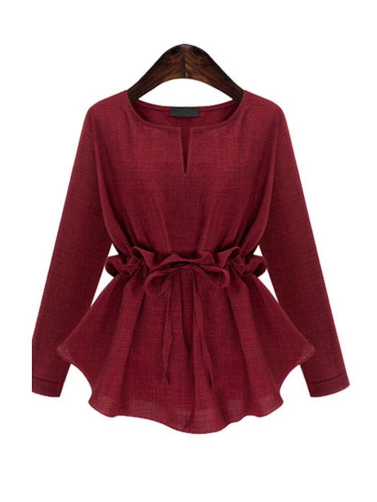 Linen Solid Color Long Sleeve Drawstring Waist Shirt P1371192