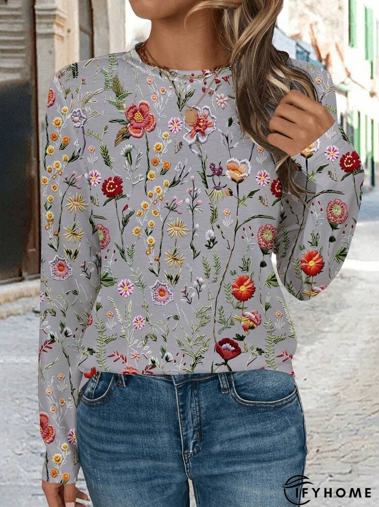 Women's Round Neck Long Sleeve Full Floral Print Casual T-Shirt | IFYHOME