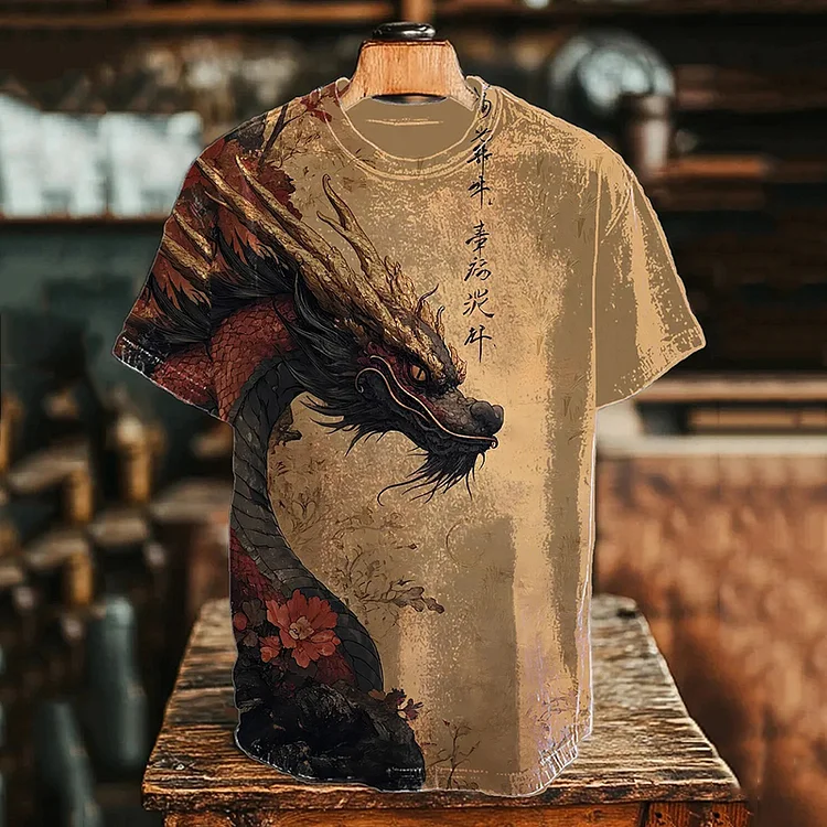 Men's Flower Dragon Chinese Calligraphy Art Print T-shirt