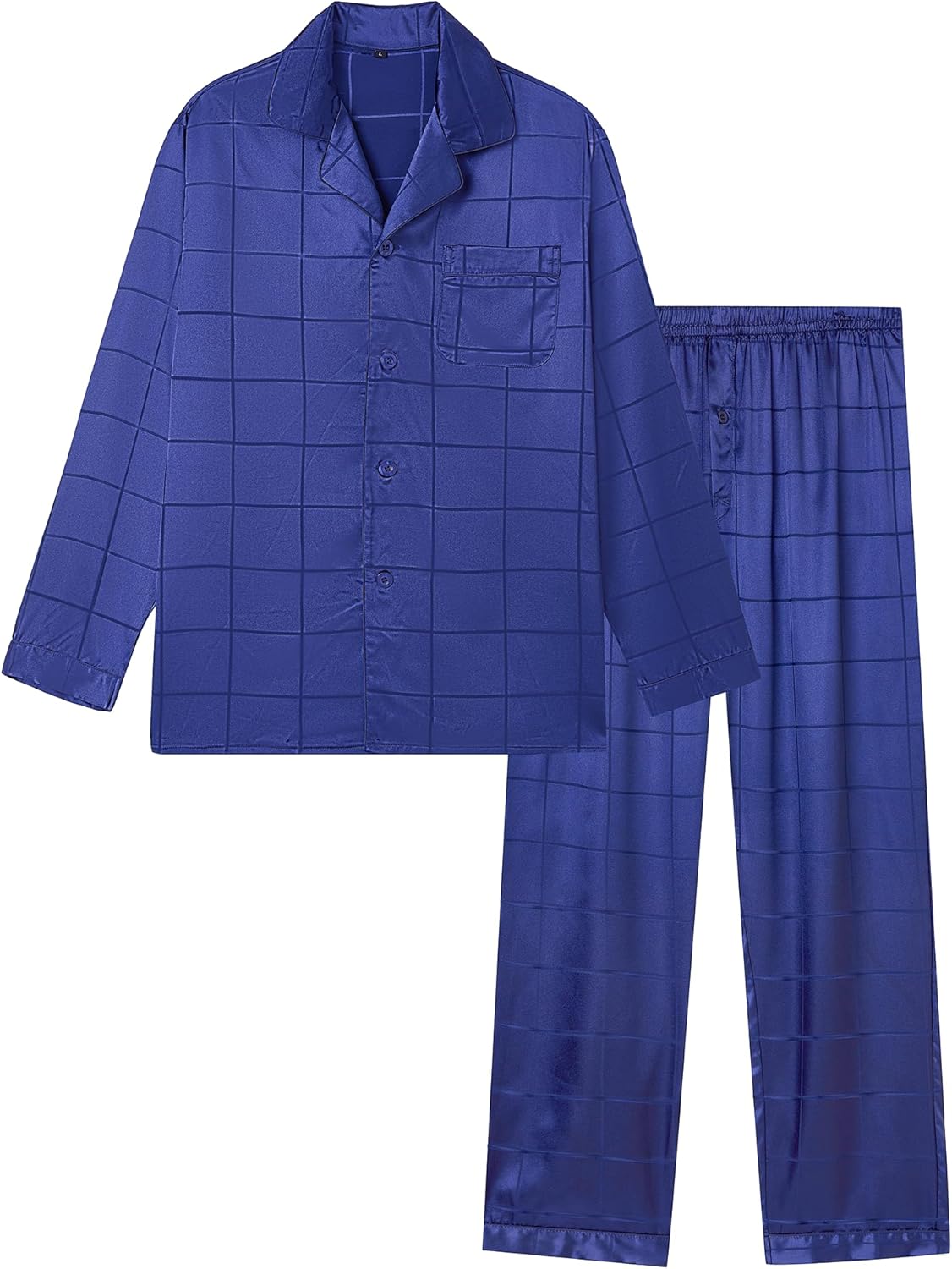 Jupitersecret Men's Silk Pajamas Set Long Sleeve Button-Down Sleepwear With Pockets，Blue