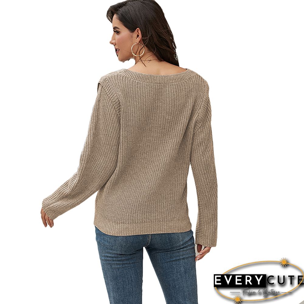 Khaki Knitted Pullover Long Sleeve Sweater