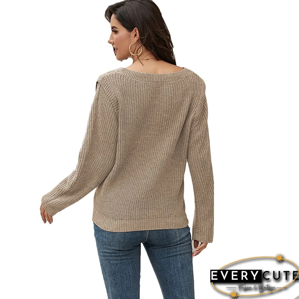 Khaki Knitted Pullover Long Sleeve Sweater