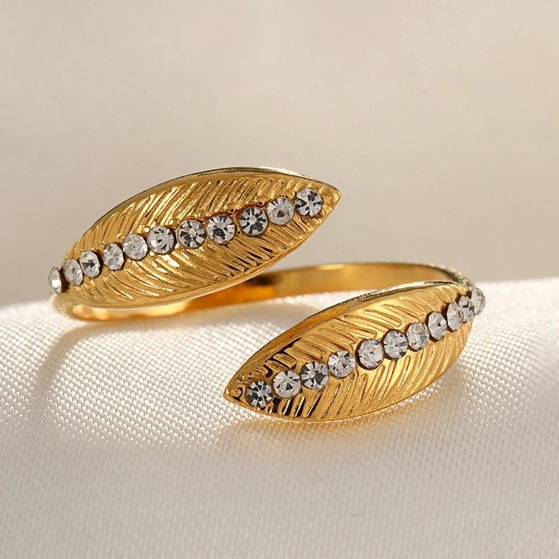 2 Pieces Modern Style Classic Style Geometric Leaf Heart Shape 304 Stainless Steel Zircon 18K Gold Plated Plating Open Rings