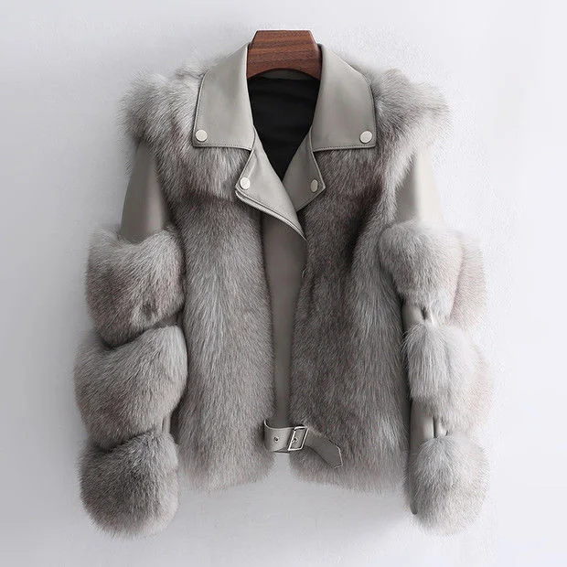 Women Faux Fur Coat with Fox Fur Winter Fashion New Motorcycle Style Luxury Fox Fur Leather Jackets Women Trendy Overcoats