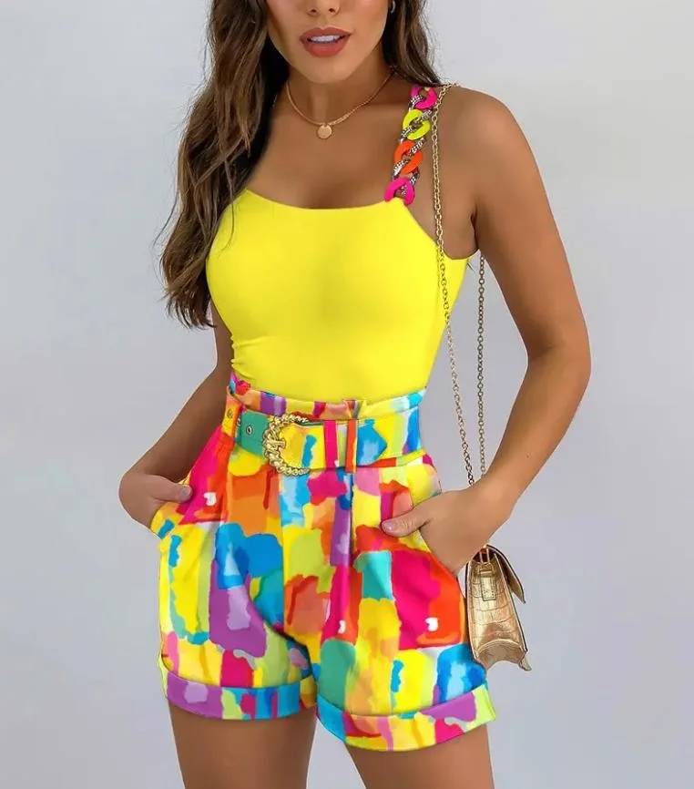 Ueong 2023 New Summer Sleeveless Vest Leisure Printed Shorts Set Women's Spot