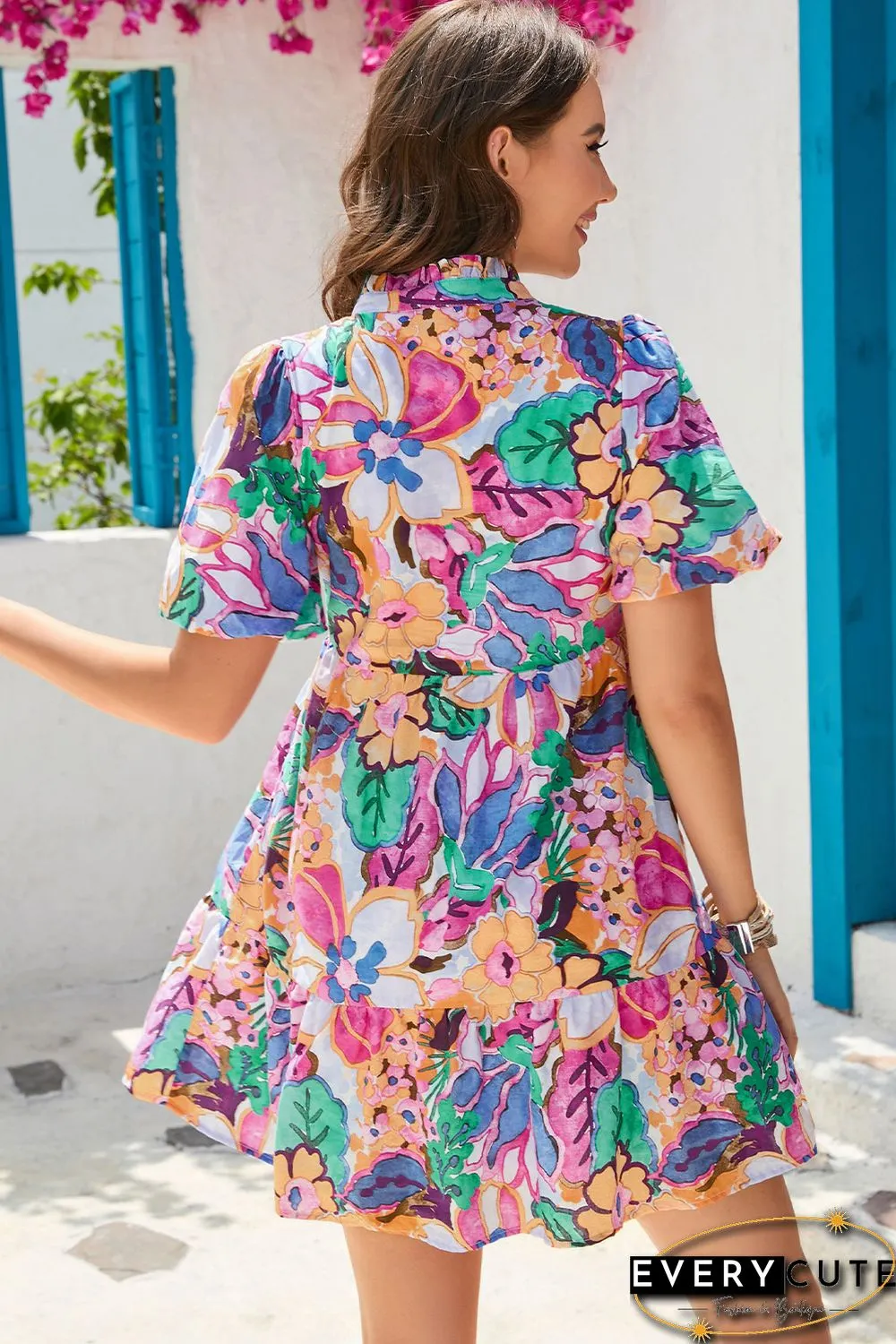 Multicolor Floral Print V Neck Puff Sleeve Mini Dress