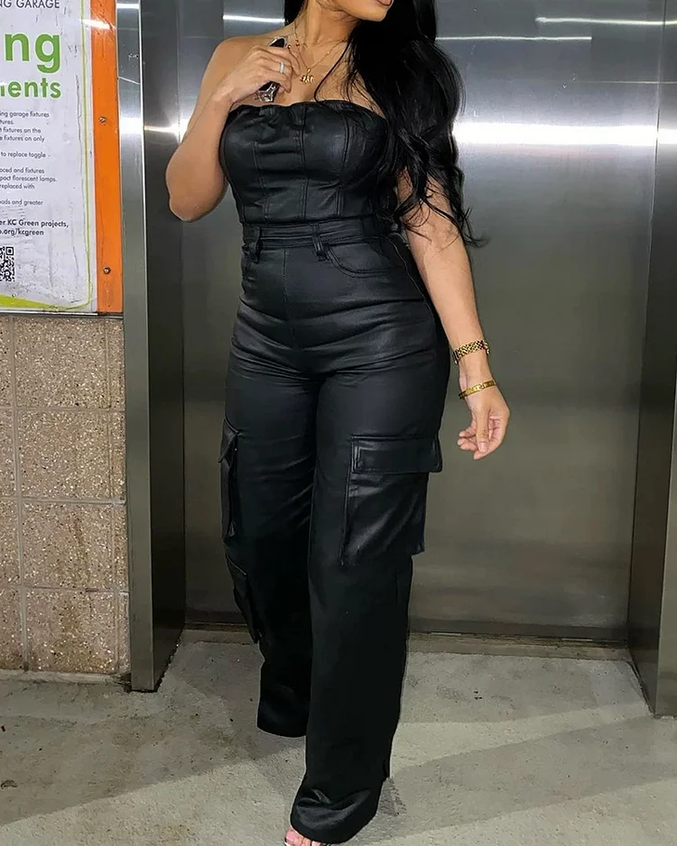 Sexy Strapless Tube Top Tight Waist Pu Leather Jumpsuit