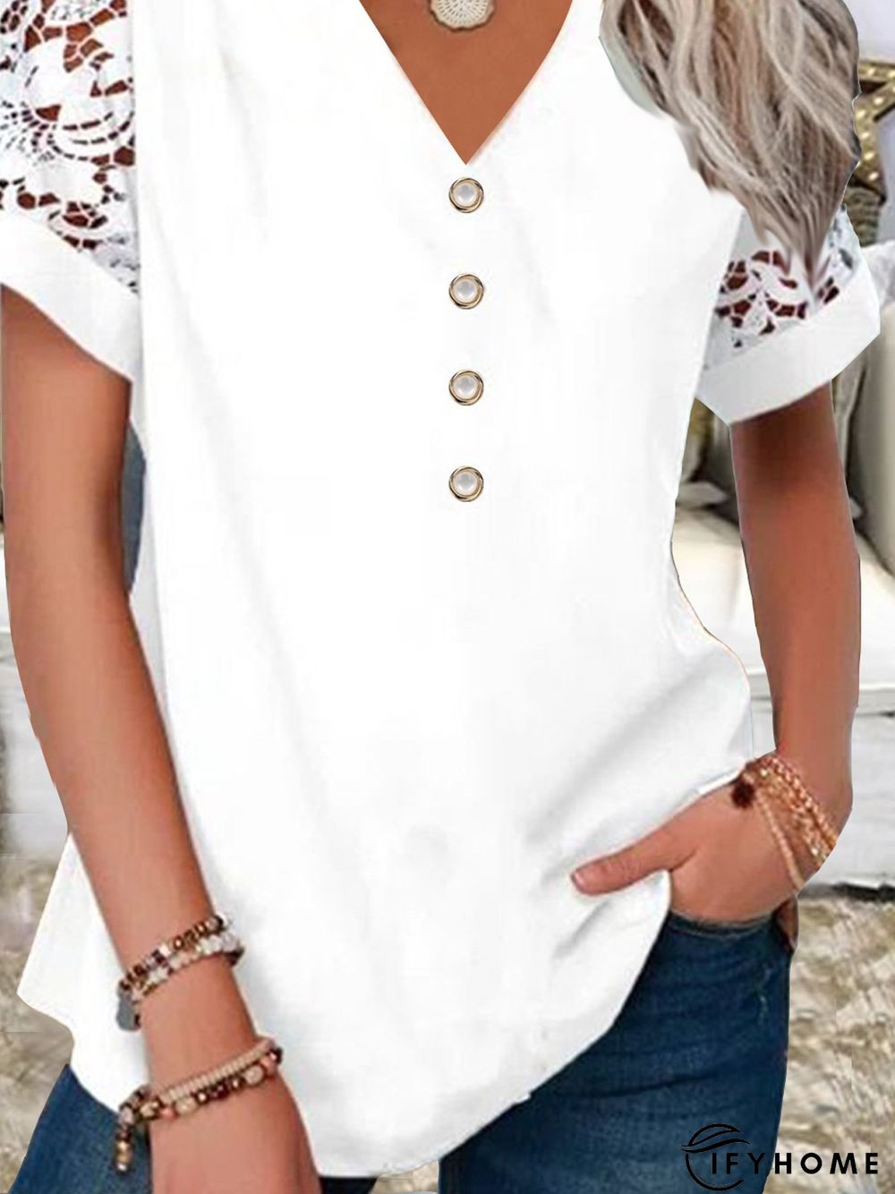 Plain Lace Buttoned Short Sleeve Tops | IFYHOME