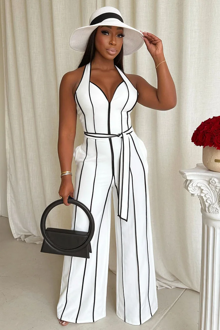 Colorblock Trim Halter Cinched Vacation Wide Leg Jumpsuit-White