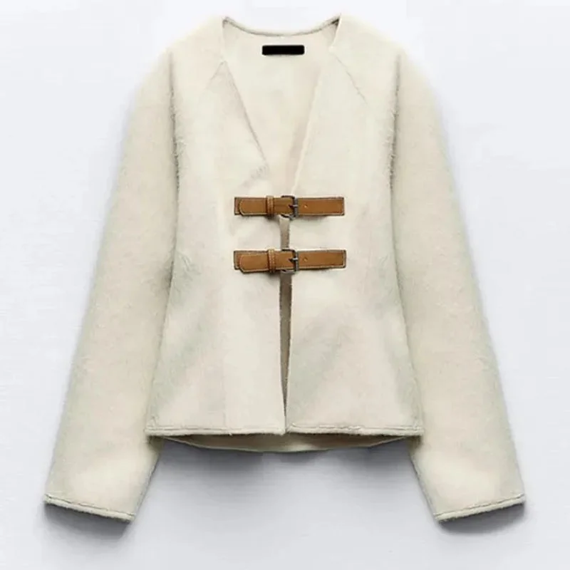 Huiketi Woolen V-neck Jacket Women 2024 Spring Summer Solid Temperament Slim Long Sleeve Buckle Coats Elegant Lady Office Overcoat