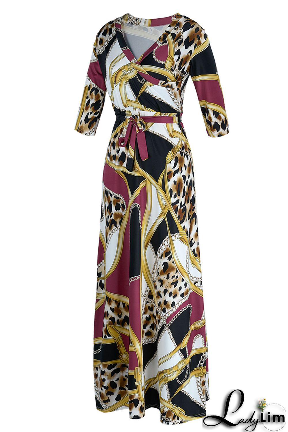 Pink Fashion Casual Print Bandage Patchwork V Neck Long Dress