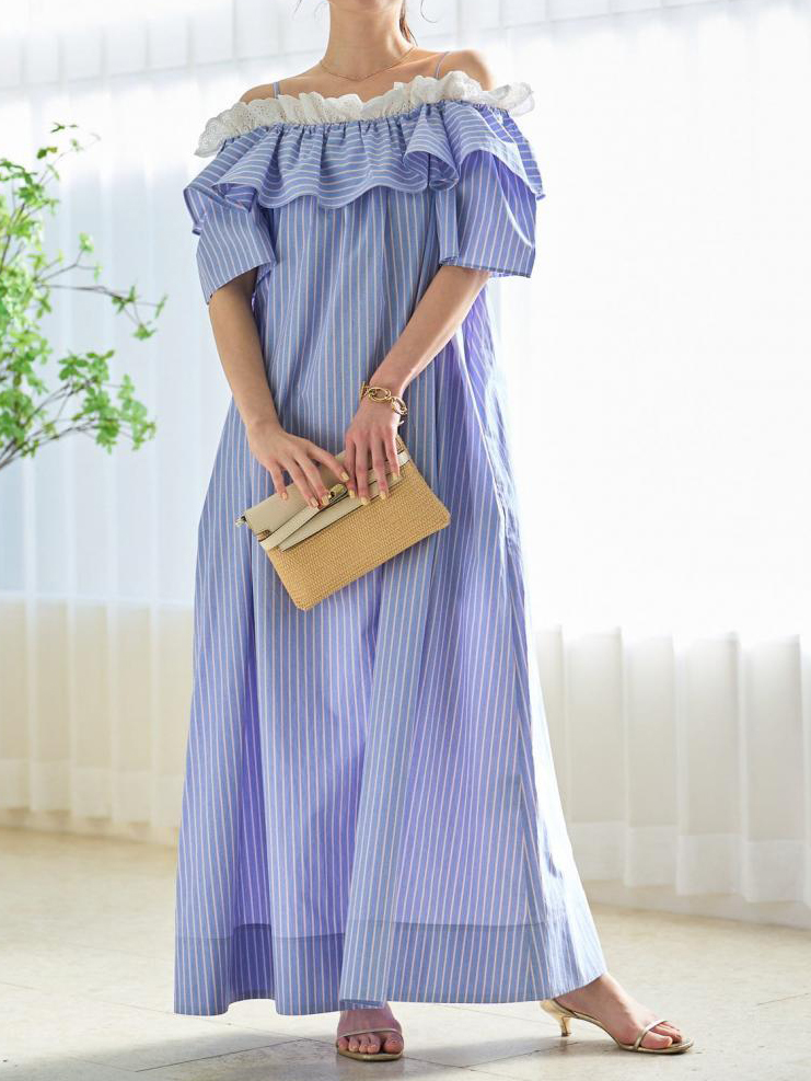 Stripe Off The Shoulder Ruffle Trim Puff Sleeve Maxi Dress