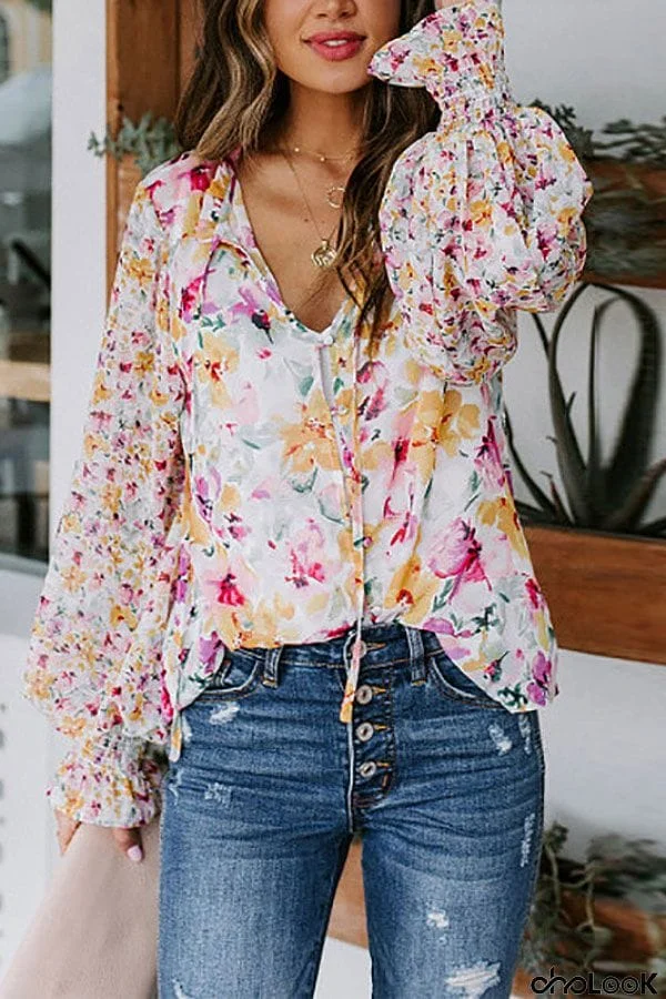 Sweet Flower Print Balloon Sleeve Blouse