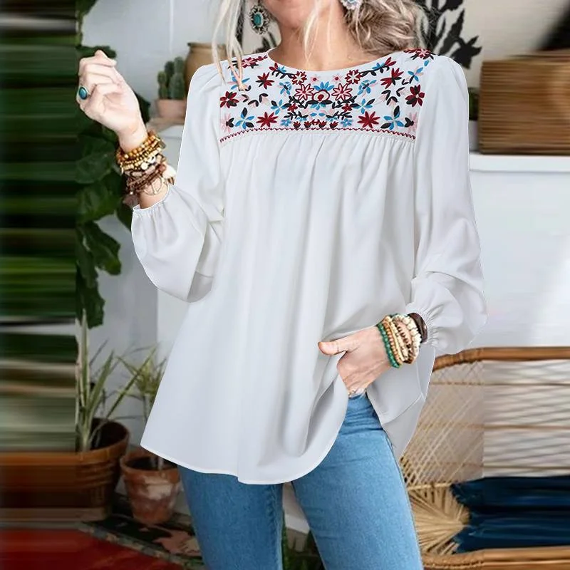 Elegant Floral Embroidery Blouse ZANZEA Stylish Women Spring Shirt Casual O Neck Long Sleeve Tops Tunic Female Oversized Chemise