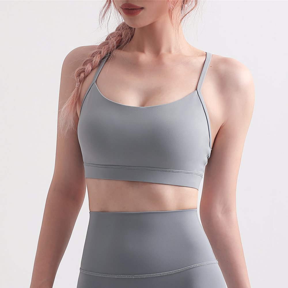 Buy Hergymclothing Rhino Gray women's naked feel skin friendly u neck traceless buckle padded light support sports bra with thin straps at an affordable price