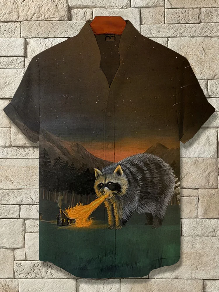 Men's Forest Giant Fire Breathing Raccoon Art Print Casual Shirt