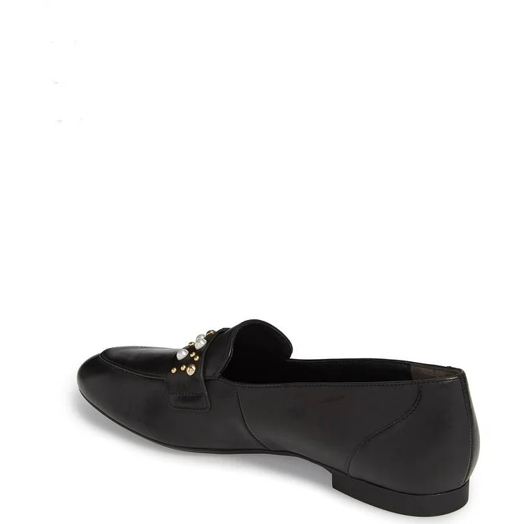 Black Loafers for Women Round Toe Flats with Studs and Studs |FSJ Shoes