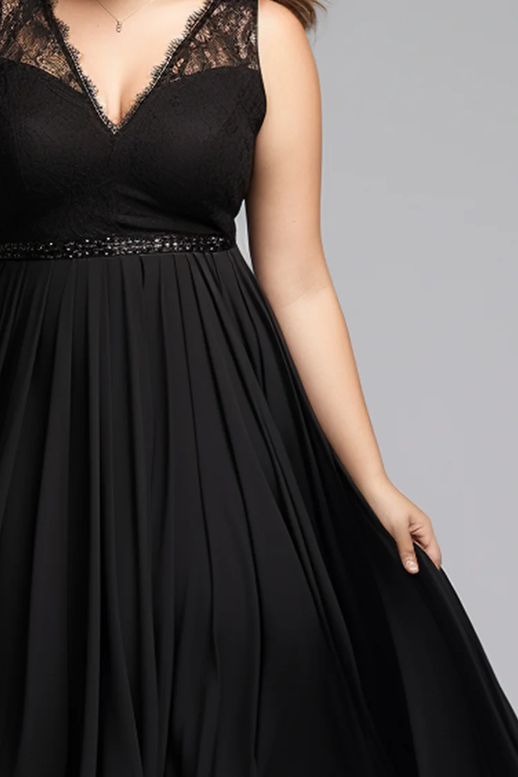Flycurvy Plus Size Wedding Guest Black Chiffon Sleeveless Empire Waist Tea-Length Dress