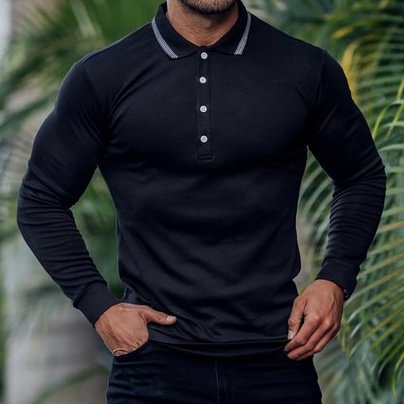 Classic Black Ribbed Polo Shirt Long Sleeves-Compassnice®