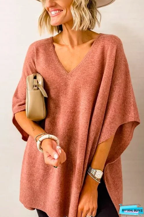 Chicest V Neck Loose Fit Solid Poncho Sweater