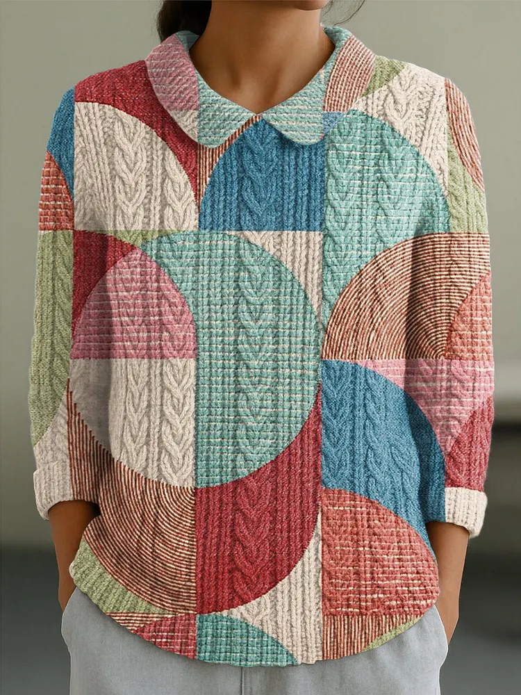 Women's Vintage Geometric Plaid Painting Art Print Casual Peter Pan Collar 3/4 Sleeve Sweater