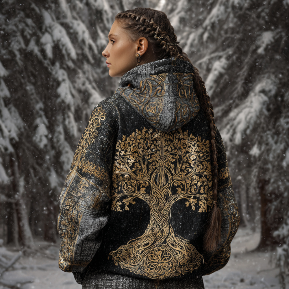 Viking Style Gilded Tree Of Life Celtic Knot Knitted Dark Hoodie Sweater elevenforest