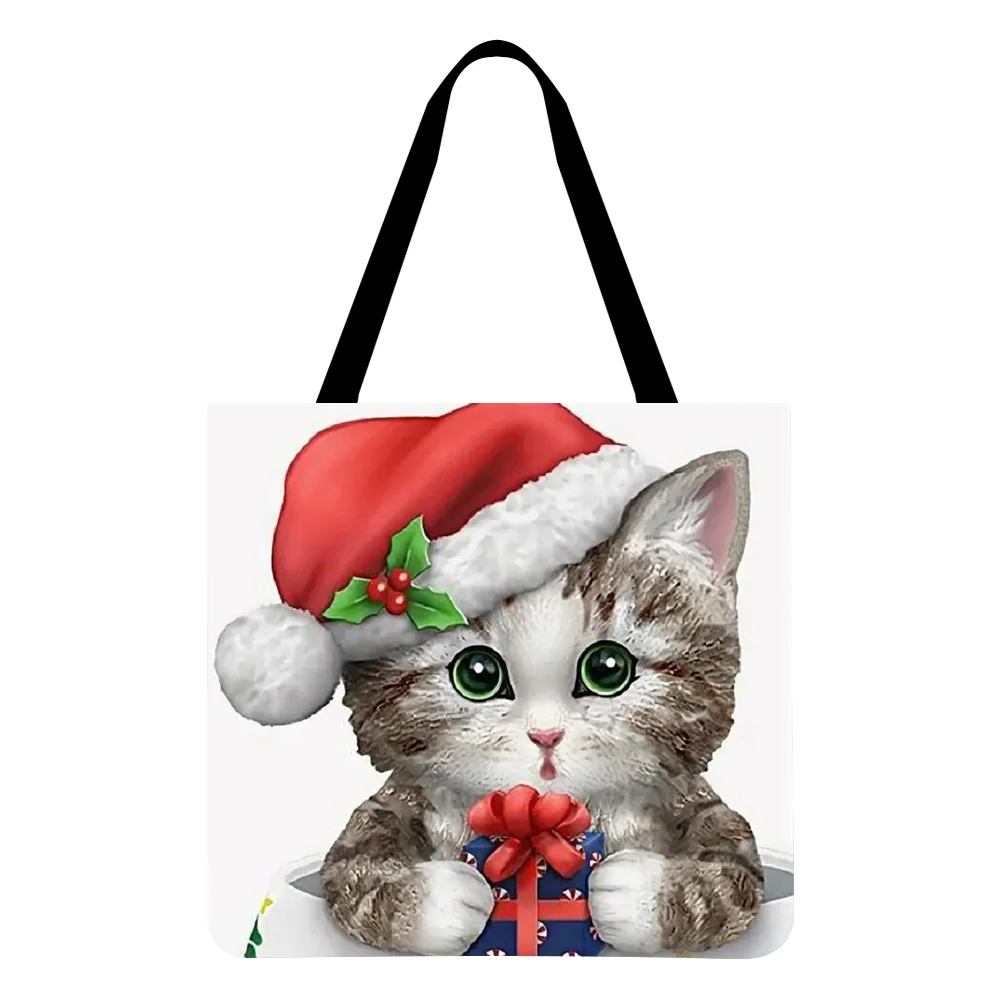 Linen Tote Bag-Christmas cat