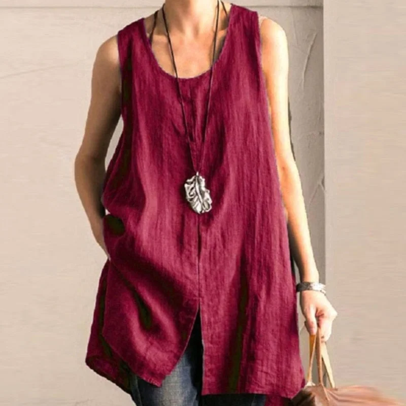 ZANZEA Summer Cotton Linen Blouse Women Sleeveless Tanks Tops Vintage Solid Loose Blusas  Tunic Split Shirt Female