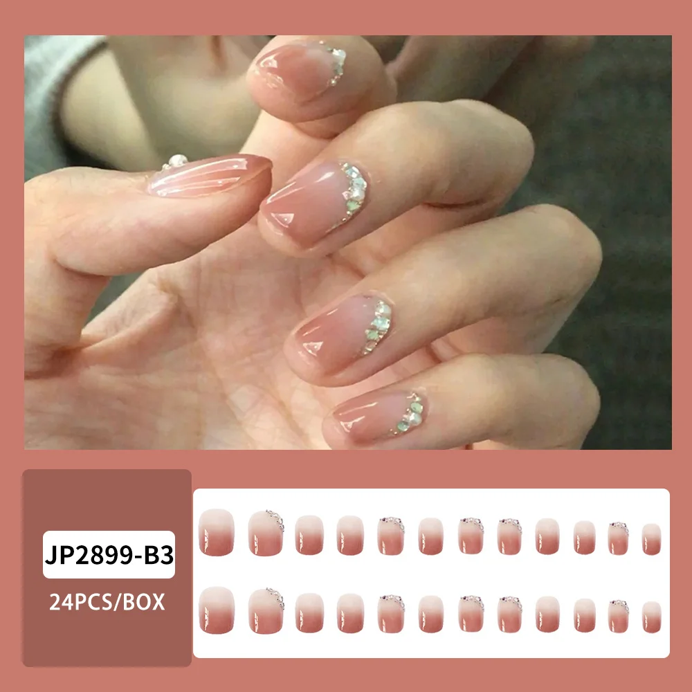 Applyw Fake Nails With Milky White Marble Smudge Design Rhinestone Decoration Long Ballet False Nails Wearable Press On Nail Tips