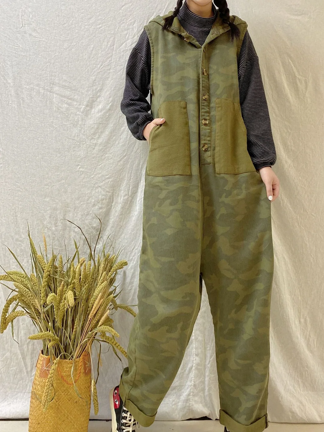 Women's Loose Sleeveless Hooded Casual Retro Wide-leg Workwear Denim Overalls Jumpsuit