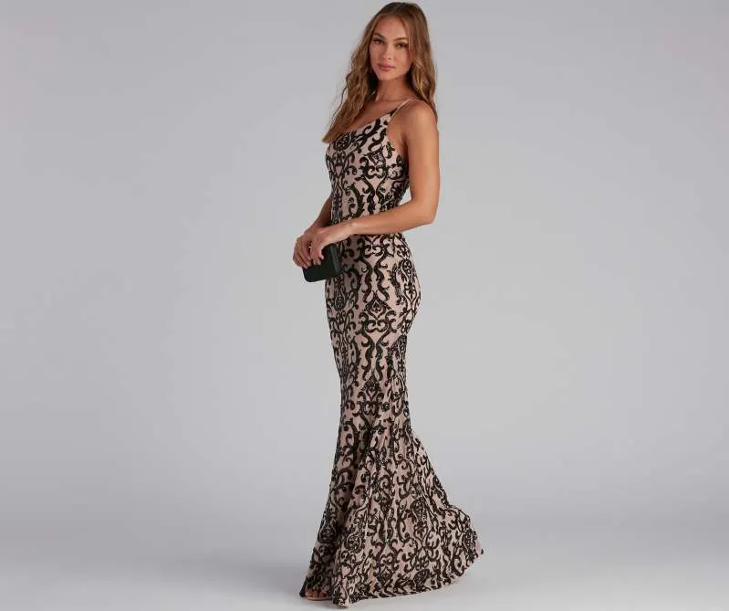 Women chic sequin sexy slash shoulder formal party evening dress