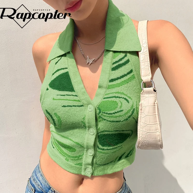 Rapcopter Paisley Green Corset Top Turn Down Collar Knitwear Cute Crop Top Vintage Button Up Camis V Neck Beach Style Tank Tops