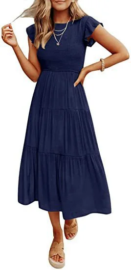Uveng Trendy Flounced Sleeve Pleating Short-sleeved Dresses