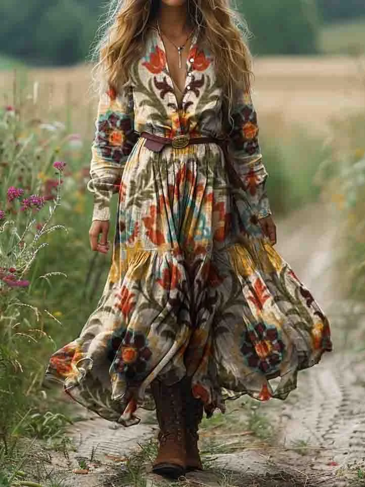 Women's Ethnic Floral Art Patterns Print Pocket Cotton Dress