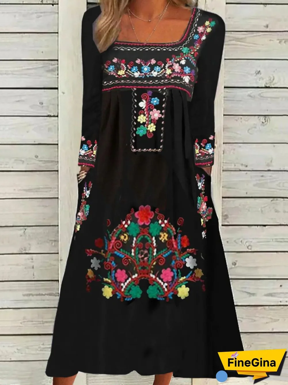 Casual Ethnic Long Sleeve Square Neck Printed Dress